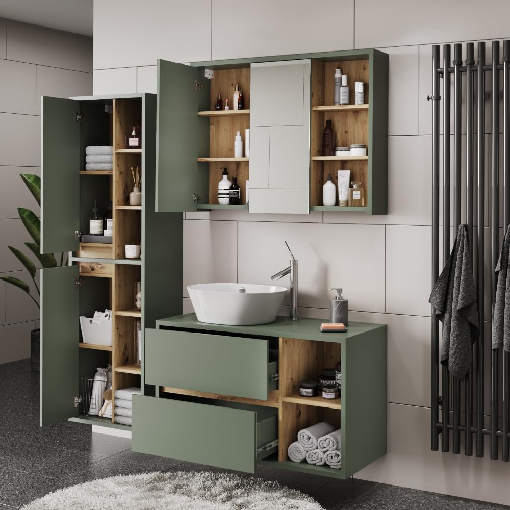 Vicco Conjunto de Muebles de Cuarto de baño Viola, Verde/Artesano, 100 cm | compuesto por mueble bajo lavabo, espejo con armario y columna de baño