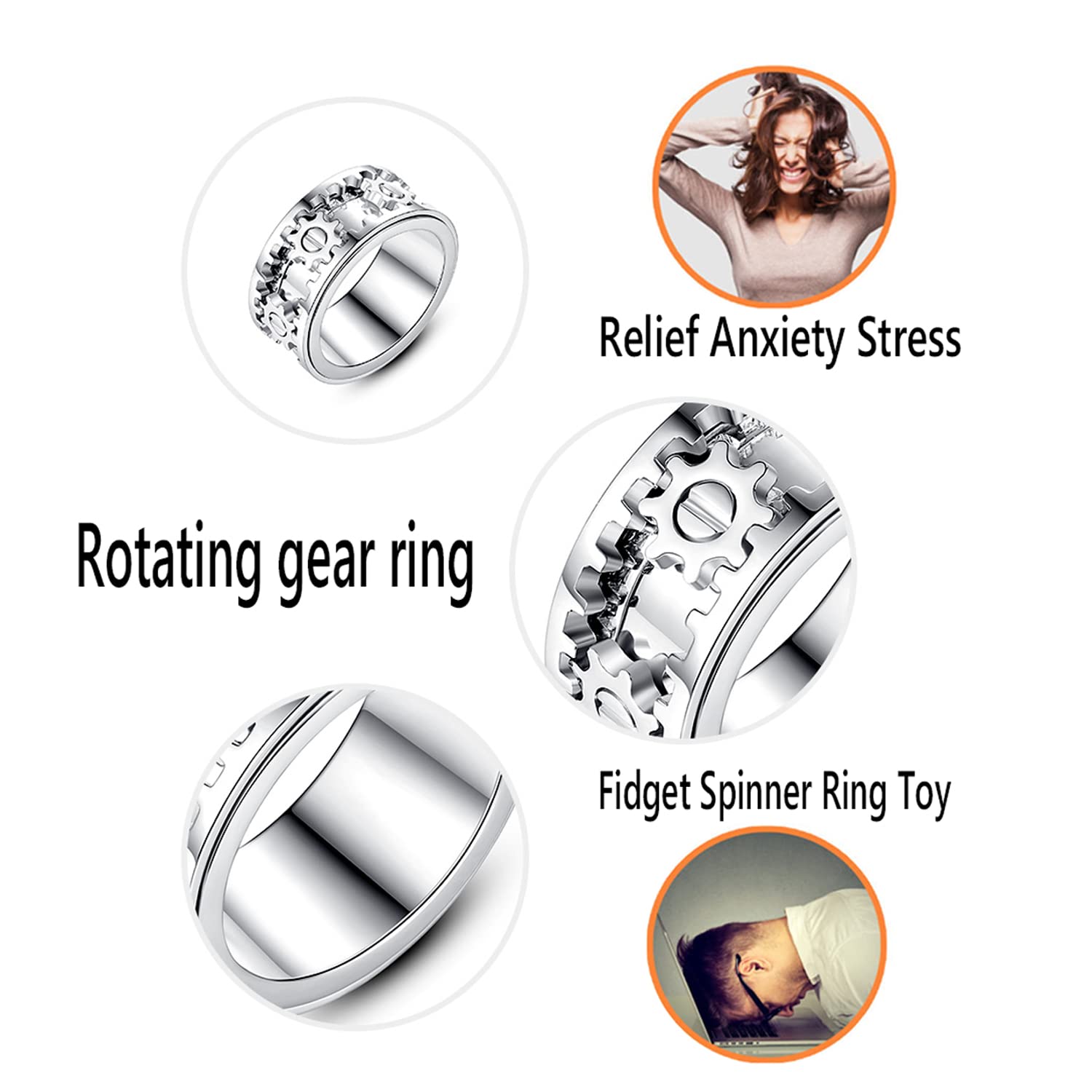 Anillo giratorio antiestres para hombre y mujer, Spinner fidget ring acero inoxidable, Anillo giratorio de engranajes mecánicos, Joyería de moda con caja de regalo
