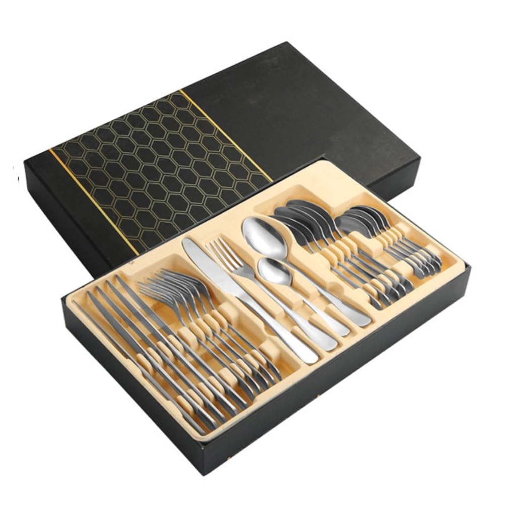 kaffeelöffel 24-teiliges Set aus westlichen Lebensmitteln, Messer, Gabel, Löffel, 6-Personen-Set, Edelstahl-Menülöffel, Dessertlöffel, Teelöffel-Set (Color : Silver, Size : Taille unique)