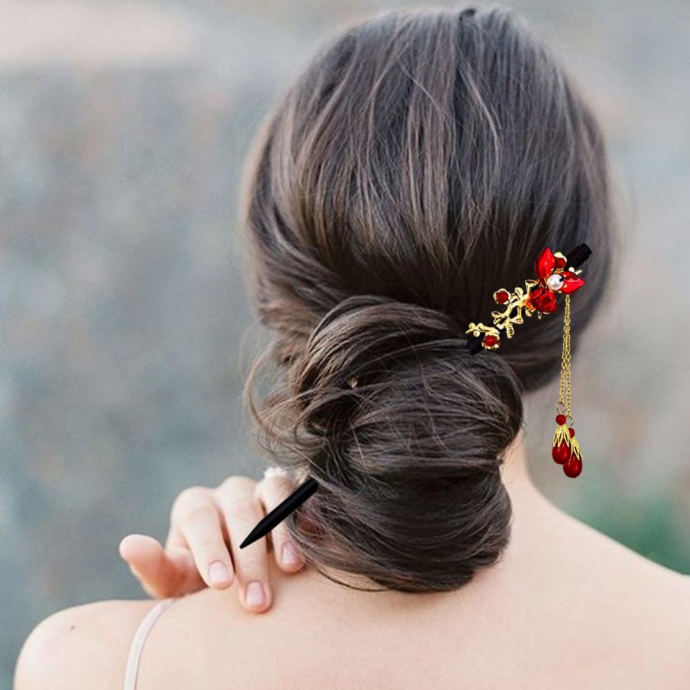 4 PACK Chinese Hair Chopsticks for Women, Wooden Hair Accessories, Japanese Hair Stick, Retro Tassel Retro Handmade Hairpins Flower Tassel Hair Chopsticks for Long Hair