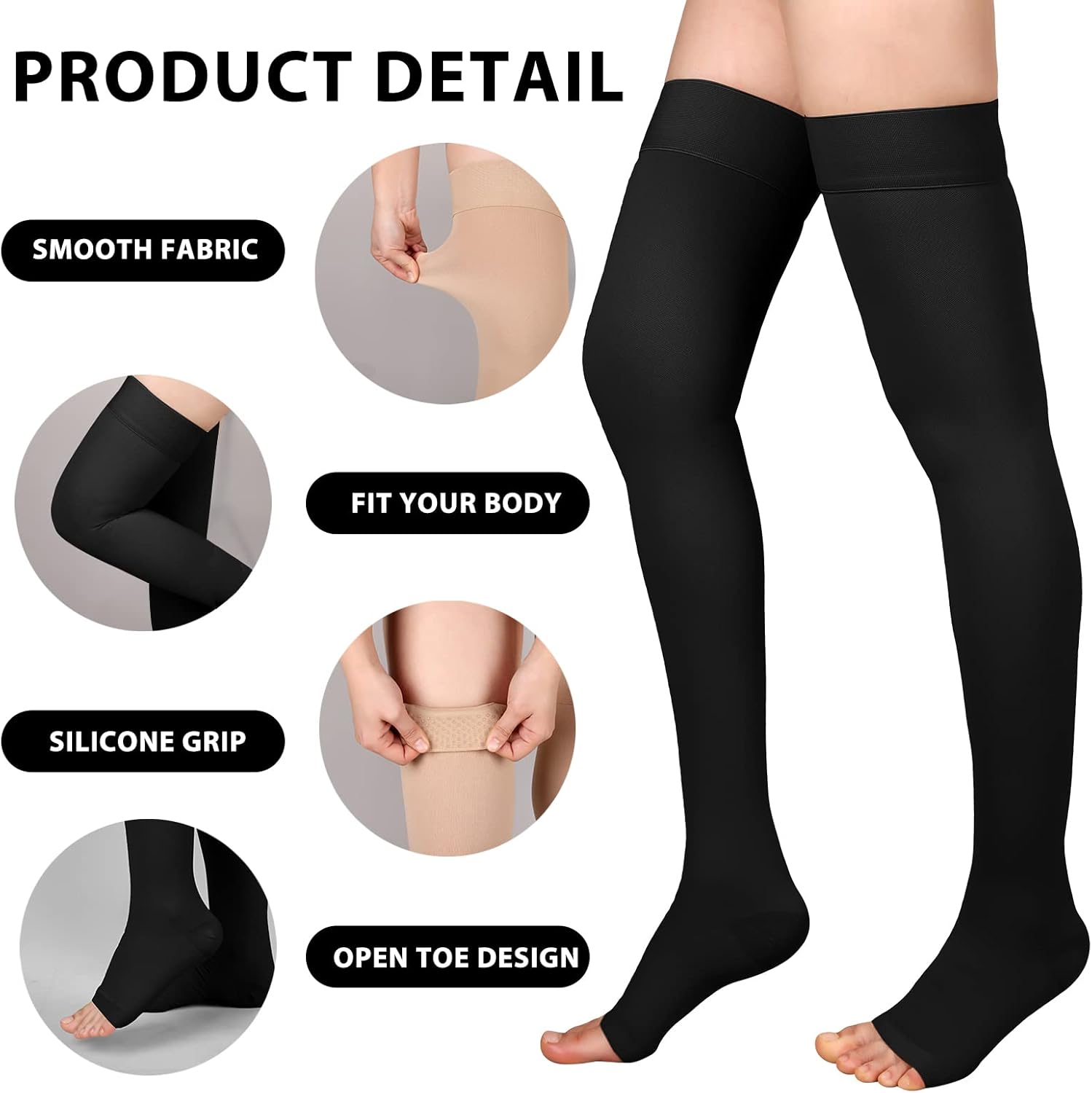 Thigh High Compression Stocking for Men & Women, 20-30mmHg, Toeless Compression Socks (2XL, Black)