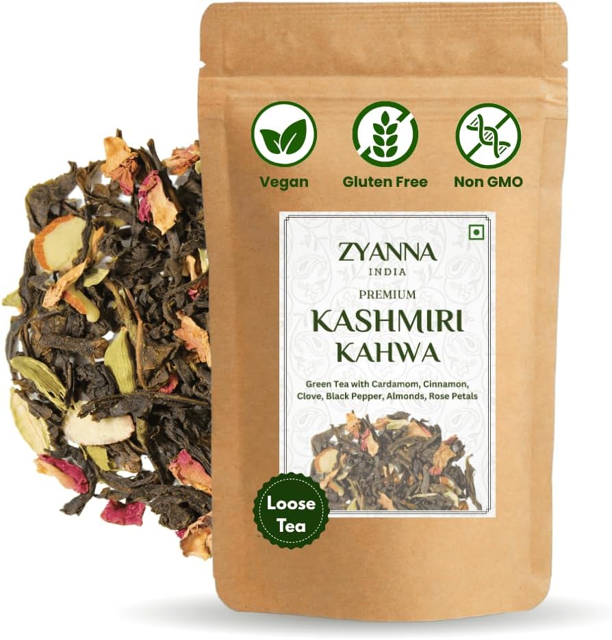 Zyanna Kashmiri Kahwa Tea - Herbal Detox Green Tea Loose (100 Cups/3.53oz bag) 100% Natural Indian Spices - Cardamom Cinnamon Clove Black Pepper Almonds Rose Petals - Gluten Free - Hot Iced Kombucha
