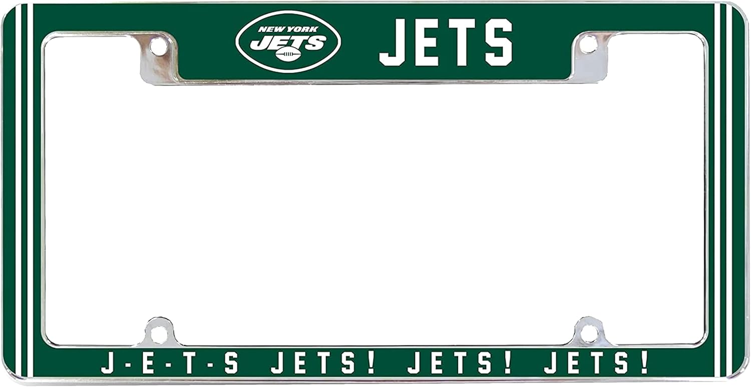 NFL New York Jets J-E-T-S Jets! Chrome License Plate Frame - Full Color Zinc Alloy, 4-Screw Mount