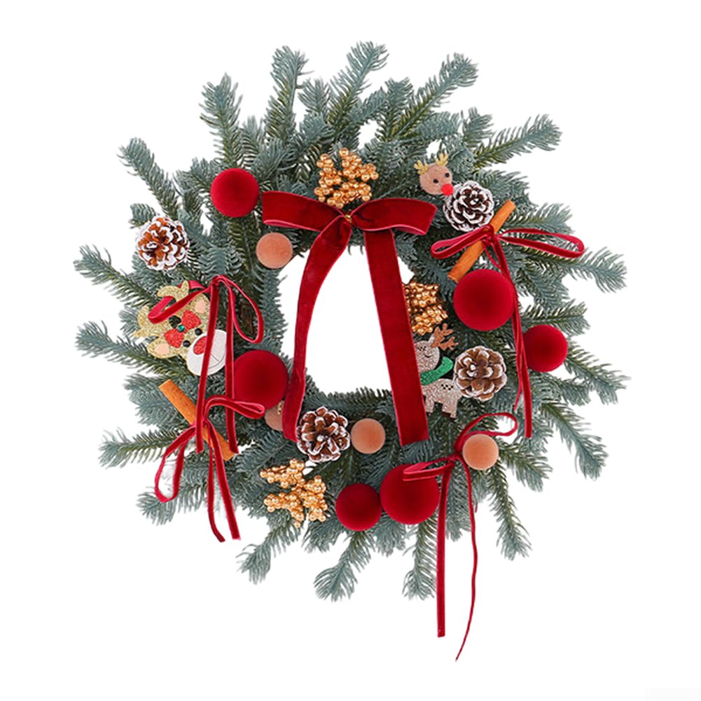 Weihnachts-Tropfenkranz 44cm Rustikal mit Kiefernzweigen(B) | 44cm hoch, realistische Kiefernzweige, rote Samtschleife, rustikales Design, tropfenförmig