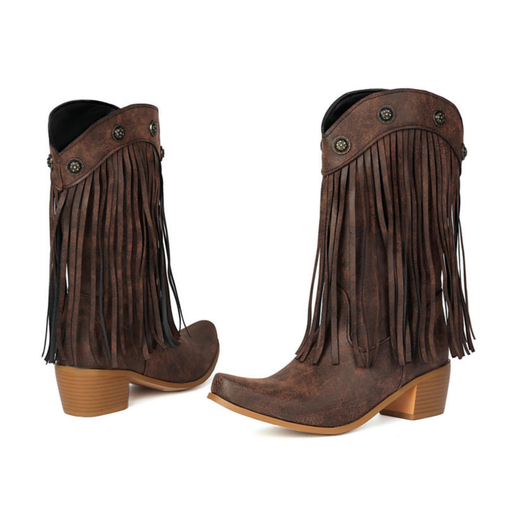 Generico Stivali Cowboy Vintage per Donne con Tacchio Spesso a Blocco, Frange Western e Dettagli con Puntini per Stile Country