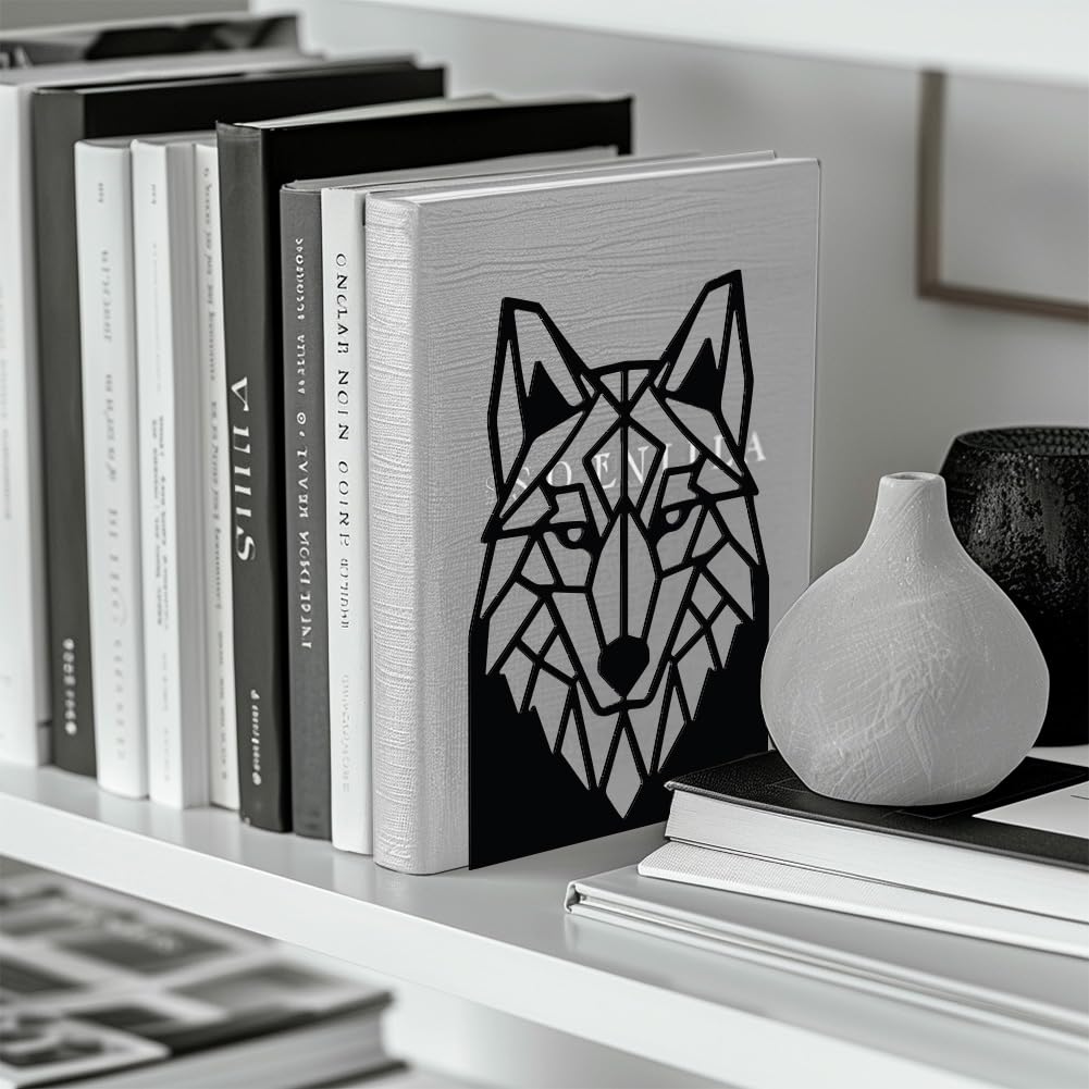 Peacoblue Metal Bookend Stopper Holder Stand for Shelves Decorative 5.3"x4.3"x7.5" Modern Creative Heavy Duty Study Book End for Desk Shelf 1 Pair (Geometric Wolf Head) - Image 4