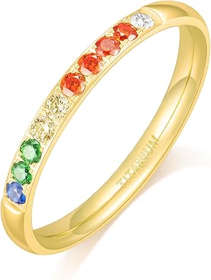 TIGRADE Women Titanium Ring Cubic Zirconia Eternity Ring for Her, 18K Gold Plated Dome High Polished Wedding Band Comfort Fit Size 4-11