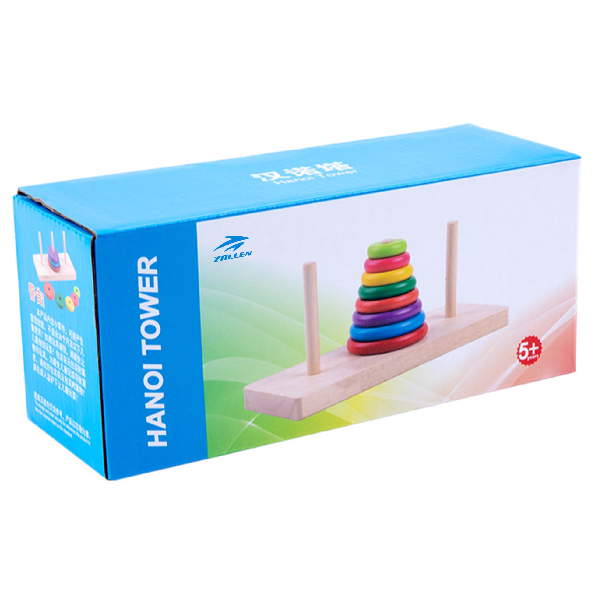 Zollen Wooden Towers of Hanoi (8 Rings) Rainbow Blocks Toy with Storage Box for Kids 3 Years and Up