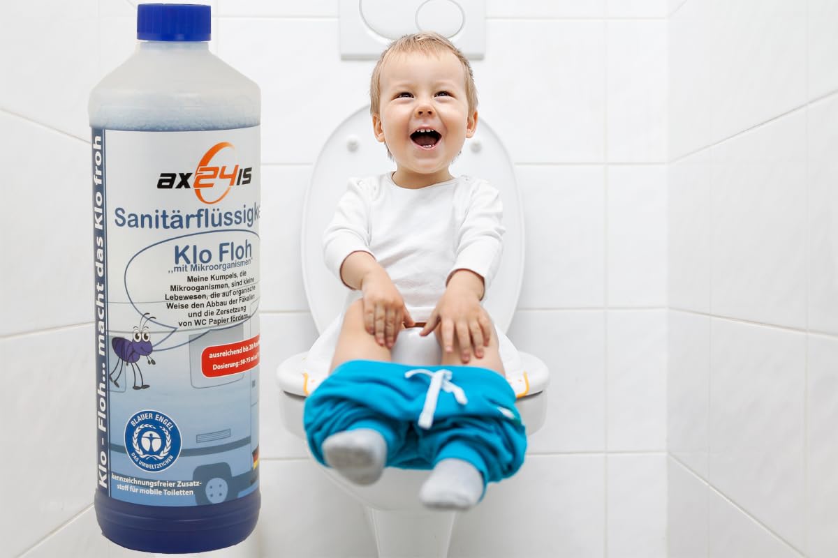 Sanitärflüssigkeit Klo Floh & WC Reiniger Set - Camping WC Zusatz | Biologischer Sanitärzusatz mit Mikroorganismen - Blauer Engel - Für Wohnmobil, Caravan & Boot - 1l Zusatz & 750ml Reiniger