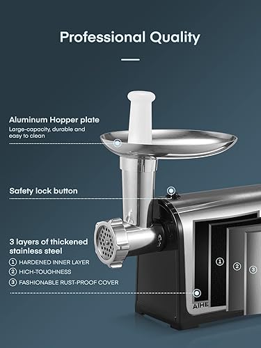 Miniatura 8 de Electric Meat Grinder, Sausage Stuffer with 3 Sausage Tubes, 2 Blades, 3 Plates, 3200W Max, Meat Grinder Heavy Duty for Home Kitchen Use, Stainless