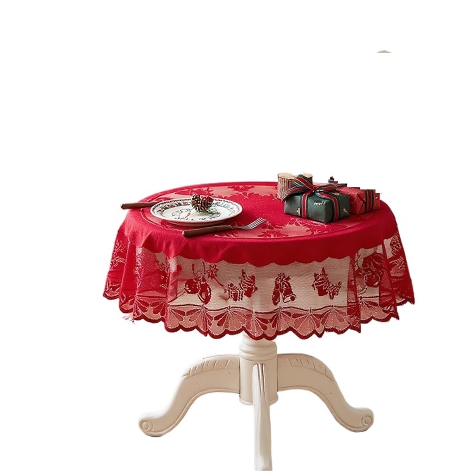 HYFEUOKF Lace Round Tablecloth Elegant Red Dustproof With Hollow Flower For Wedding