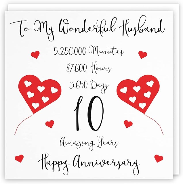 Hunts England Husband 10th Wedding Anniversary Card - To My Wonderful Husband - 10 Amazing Years - Timeless Collection - Standard (148 x 148 mm)