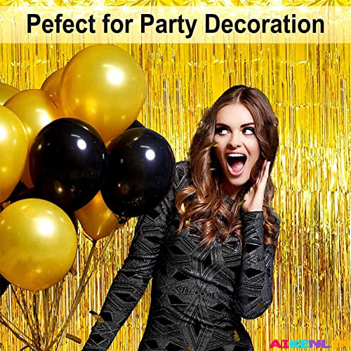Image of 4 Pack 3.2Ft x 8.2Ft Gold Foil Fringe Curtain Backdrop, Metallic Tinsel Foil Fringe Streamers Curtains Background for Photo Booth, Birthday, Wedding, Halloween, Christmas Party Decoration