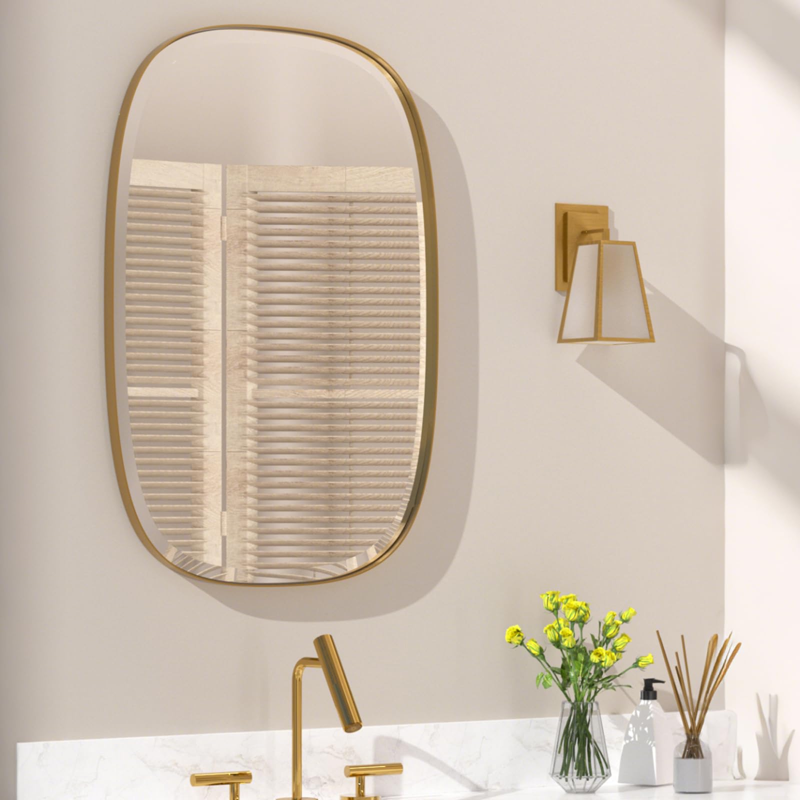 POZINO Brushed Gold Mirror 20x30 Brass Beveled Mirrors for Bathroom Rounded Rectangle Mirror Modern Vanity Wall Mirrors in