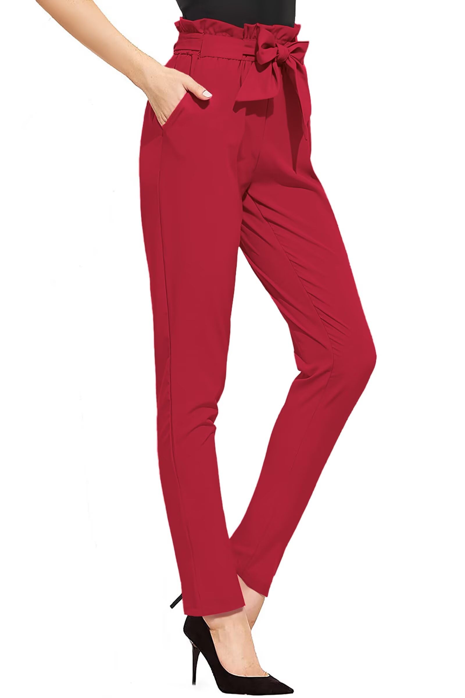 Hybrid Company Womens Paper Bag Pants Casual Slim High Waist Pants with Bow Knot