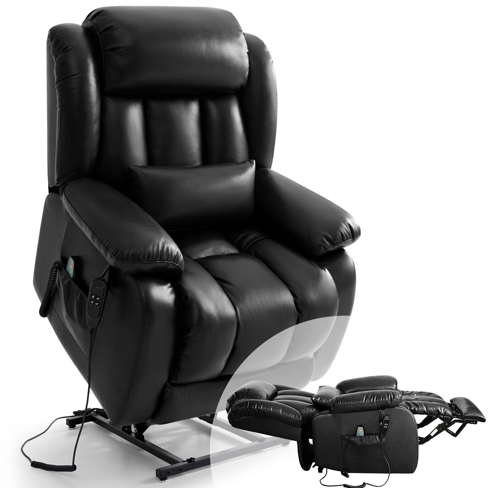 Infinite Position Lay Flat Lift Recliner Chair for Adults, Dual Motor Power Lift Chair for Elderly with Massage & Heating, Extended Footrest, USB Ports, Remote Control & Lumbar Pillow, Leather (Black), Incomplete, BOX 1 of 3 Only! 