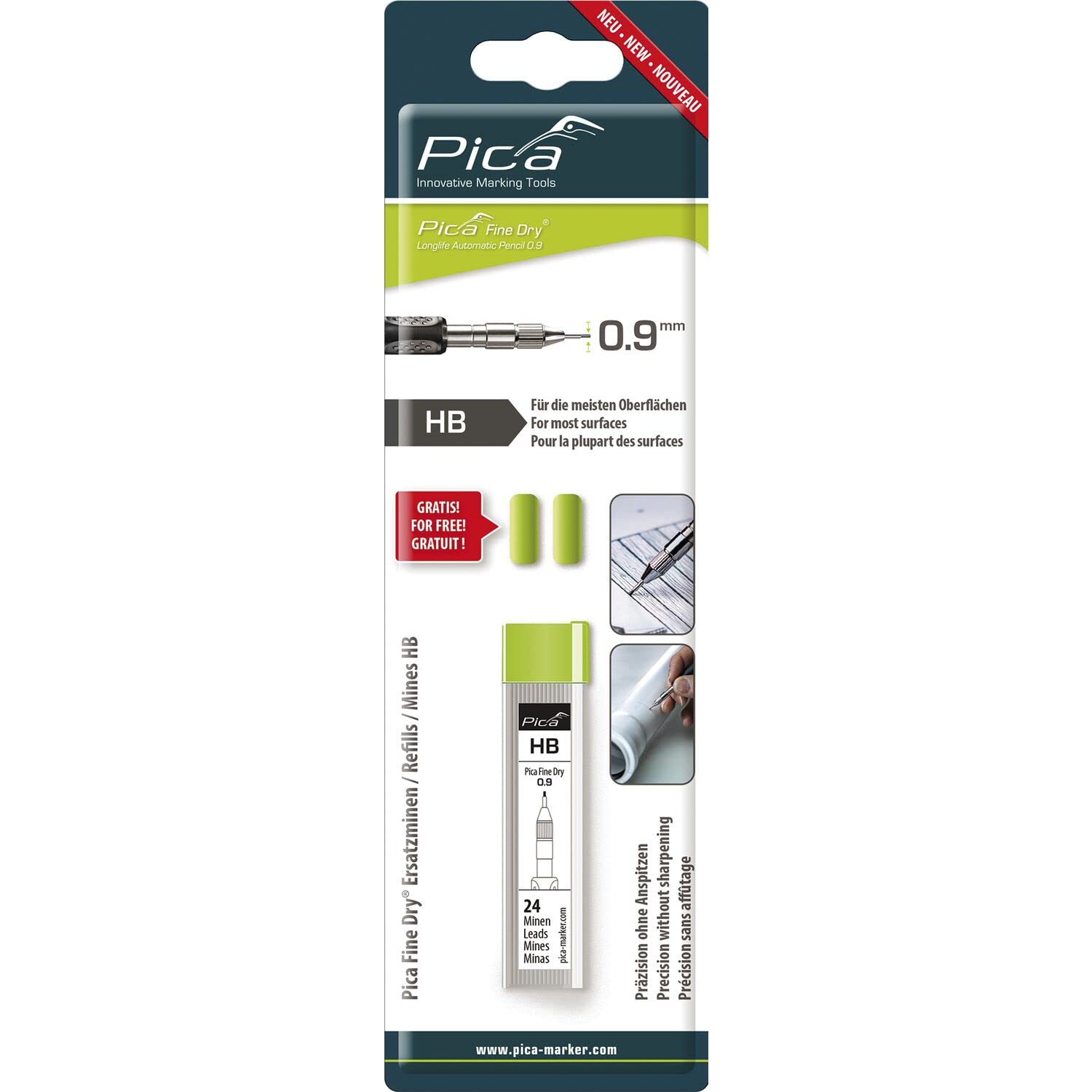 Pica Dry und Fine Dry Tieflochmarker graphit + Ersatzminen Graphitminen H und HB, 4-teilig