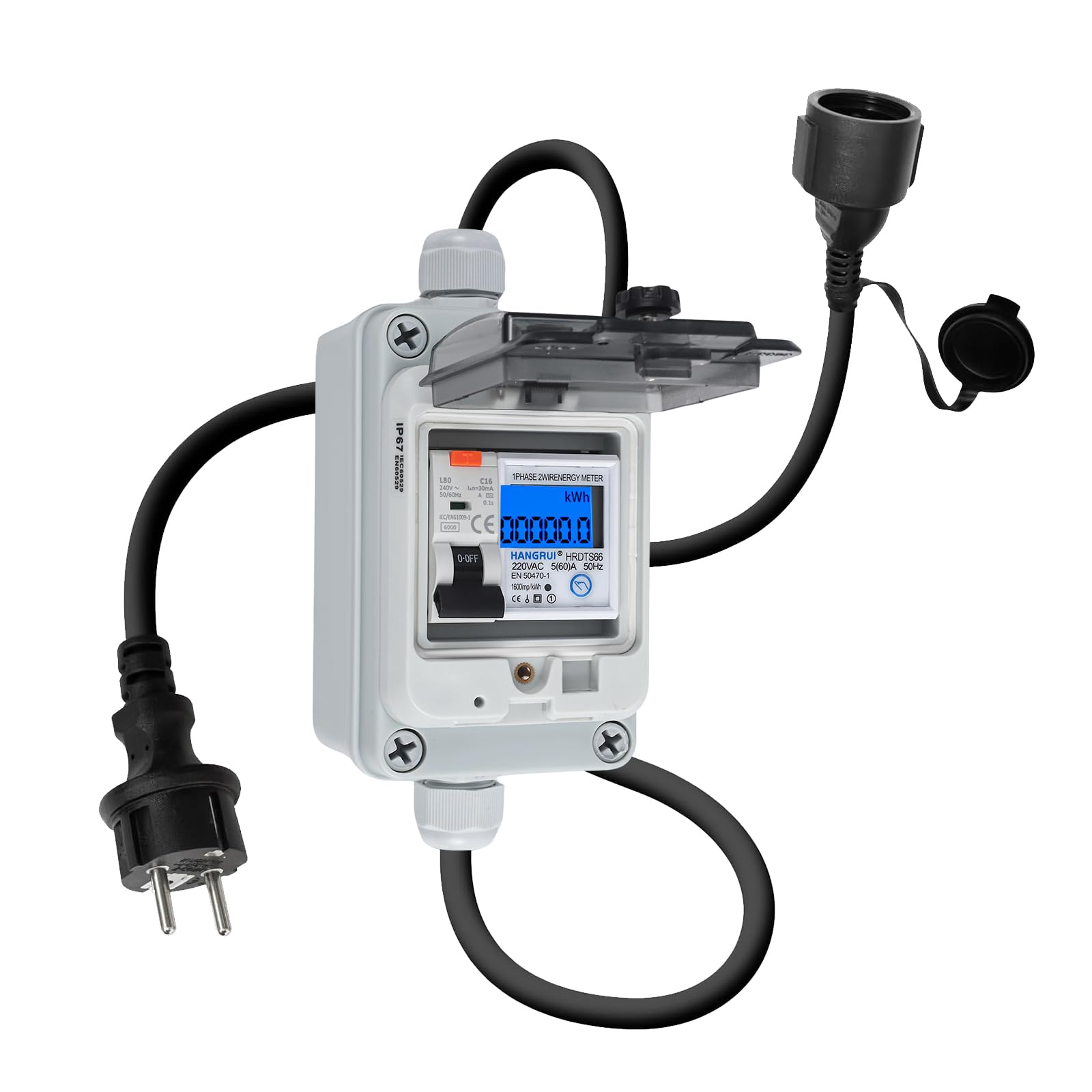 Contador de Electricidad Digital Móvil 230V 60A Medidor Digital Portátil, Contador de Consumo Eléctrico de KWH con Interruptor Automático tipo A 16A enchufe Schuko IP65 para Autocaravanas Vehículos