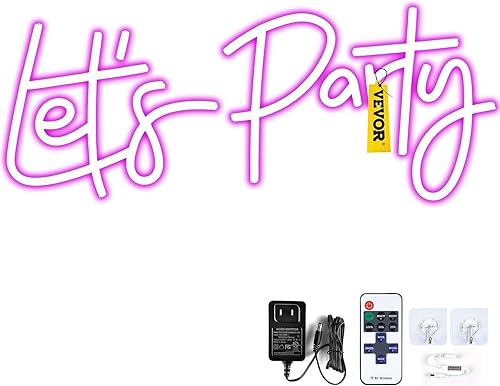 VEVOR Letrero de neón de Let's Party, letrero de neón de 23 x 10 pulgadas para decoración de pared, letrero de luz de neón rosa de brillo ajustable
