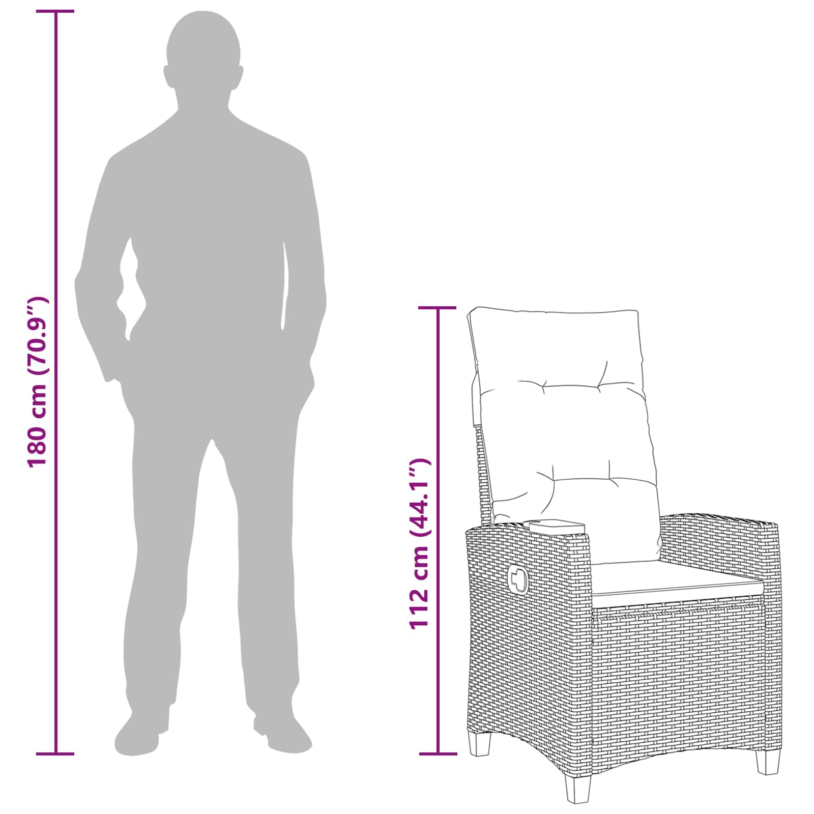 Krzesło ogrodowe z talerzem do herbaty 62 x 64 x 112 cm, polirattan, odporny na warunki atmosferyczne, fotel relaksacyjny z regulowanym oparciem, podłokietnikami, tapicerką do siedzenia