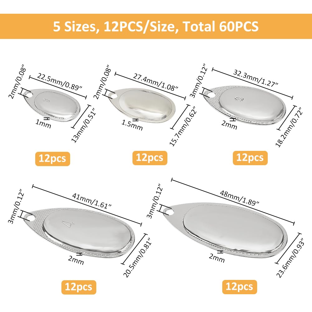 SUPERFINDINGS 60 Pezzi 5 Misure Lame Girevoli Platino Spin Blades Cucchiai Lame Lame Colorado Accessori per Esche Dure Spinner Baits Cucchiai Montature per La Realizzazione