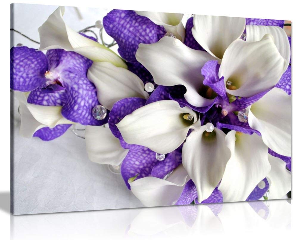 Panther Print White Bunch Of Flowers In And Dark Purple Canvas Wall Art Picture Print (24X16)