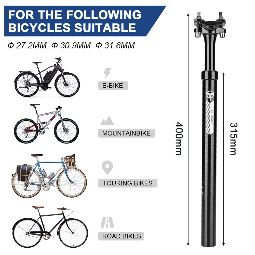 Tige de Selle de Vélo Suspendue à Ressort - Aluminium - Diamètre 27.2/30.9/31.6mm pour Vélo électrique/VTT/VTC/vélo de Ville/Autre