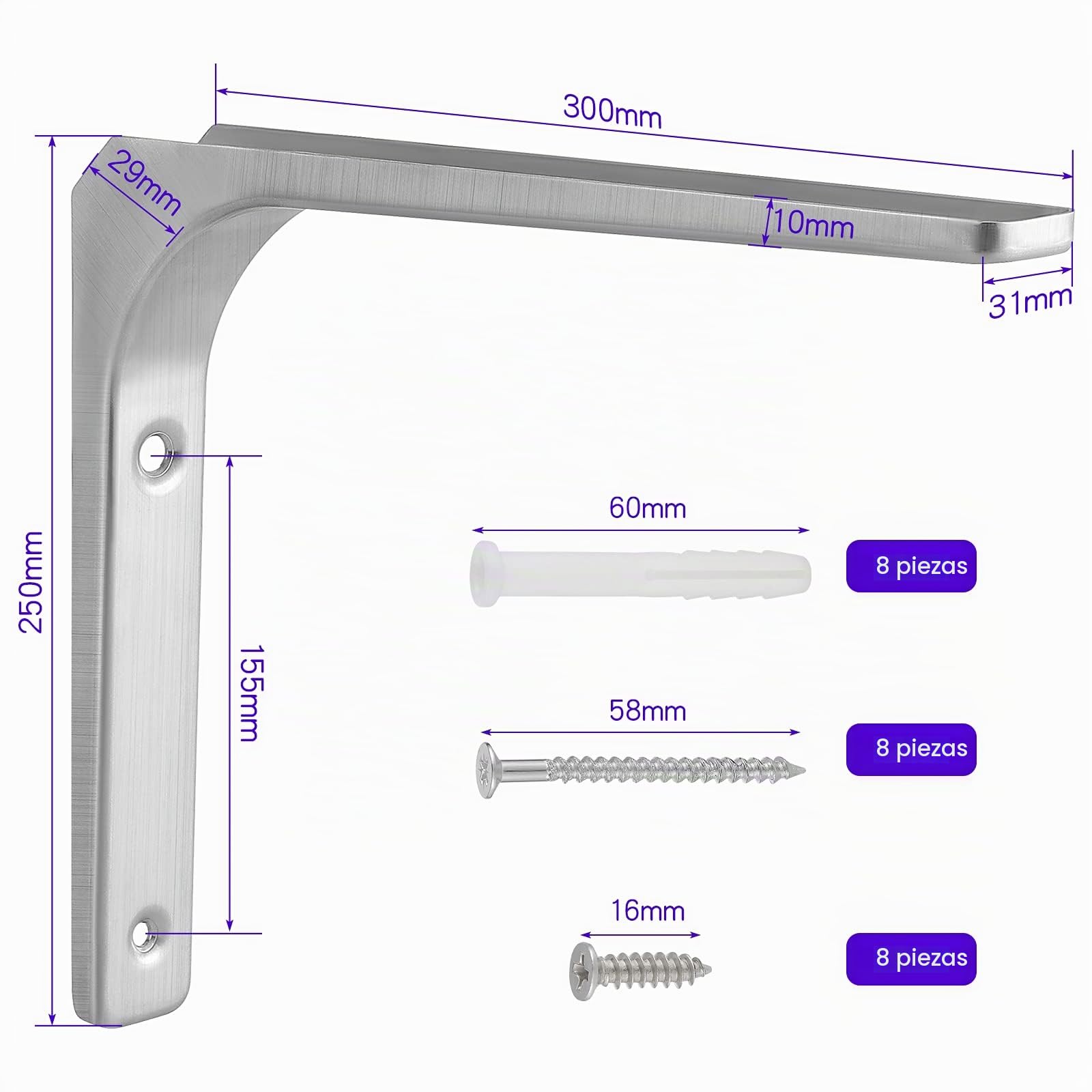 4 Piezas Soporte de Estante, Capacidad de Carga Máxima 70 kg, 250x300mm Soportes de Estantería, Soportes Industriales Negros, Soporte Estanterías de Metal (Acero Inoxidable)