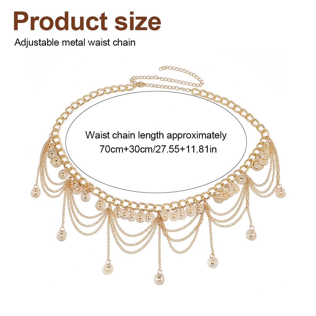 Cadenas de cuerpo,Cinturones para mujer,Accesorio de cadena para cintura para danza del vientre con colgante de borla, longitud de cadena 70 cm + cadena alargadora 30 cm (oro)