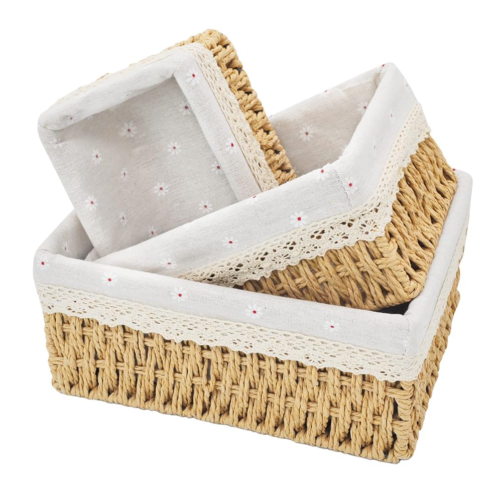 3 pezzi cesto con coperchio, 3 dimensioni cesto di stoccaggio intrecciato, cesto intrecciato da corda di carta, stoccaggio con rivestimento per bagno, trucco, piani di tavolo, armadio