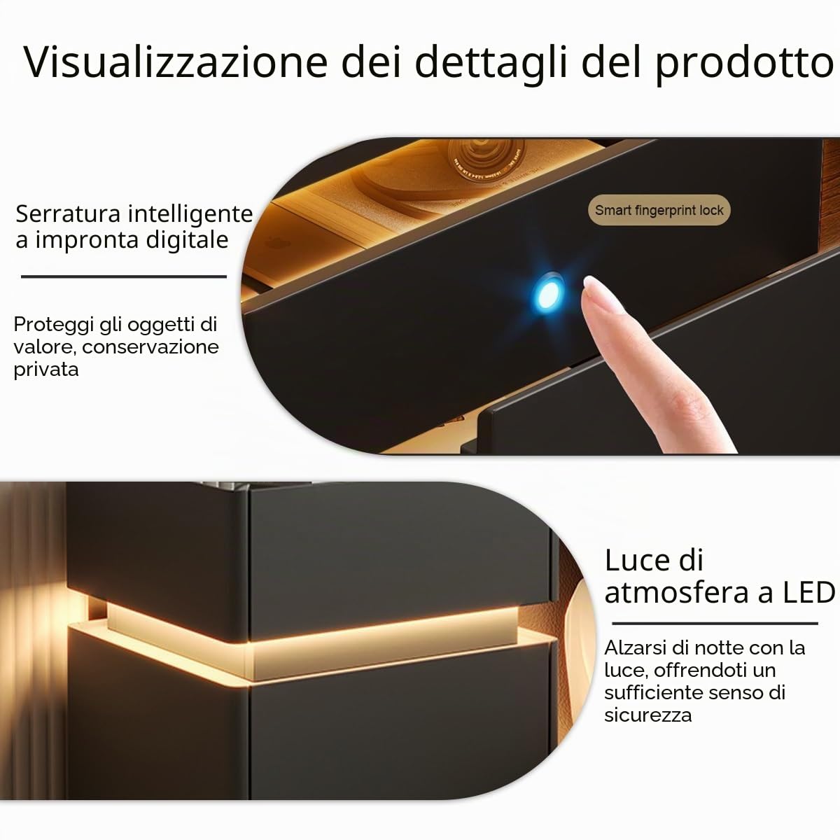 Nowoczesny drewniany Nightnd z tajnym minimalistycznym designem czujnik dotykowy LED cyfrowy zamek Finrprint idealny do pokoju i salonu (biały-B)