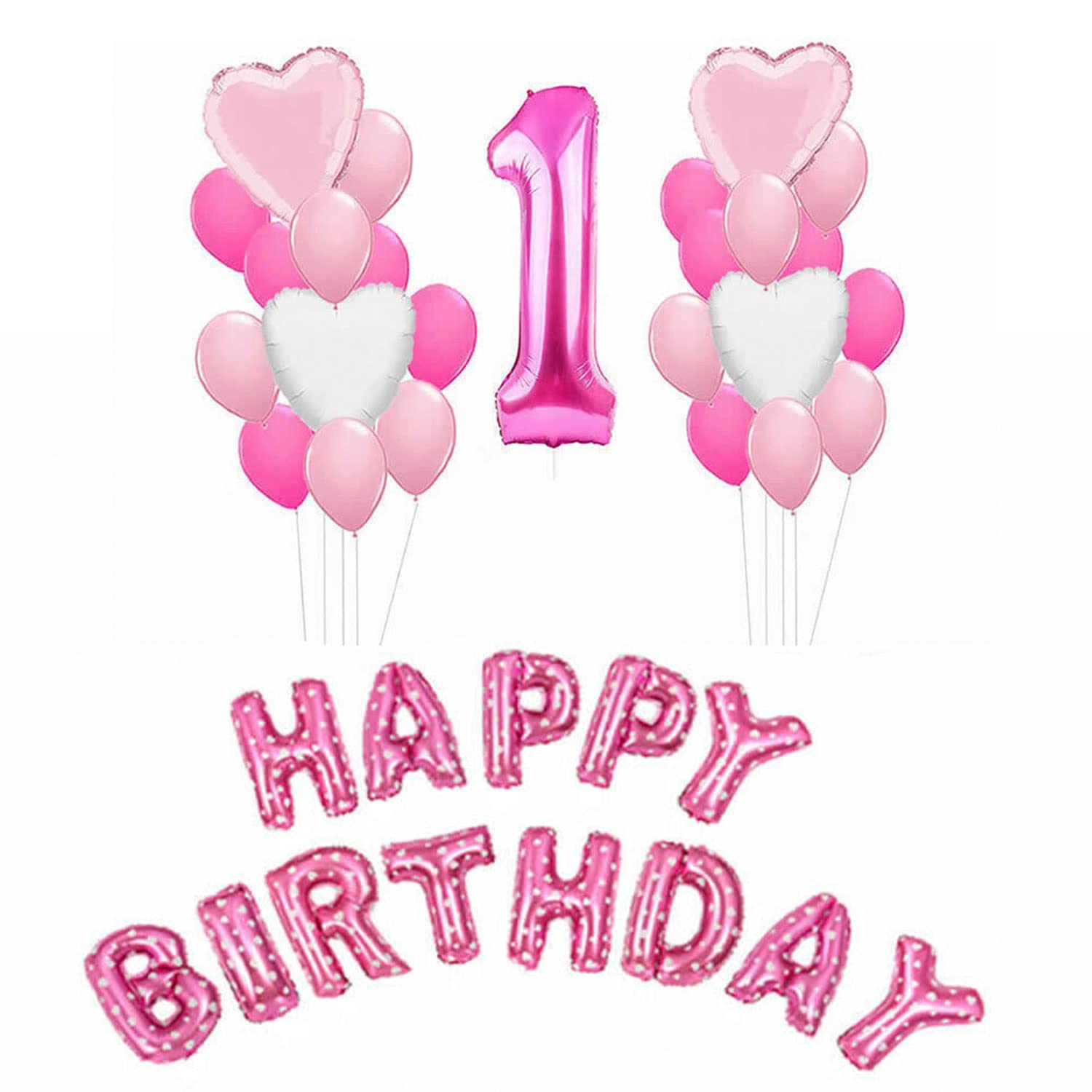 Trimming Shop 1st Birthday Balloons Decorations, Pink Party Decoration Set, Large Helium Digit 1 Balloon & Happy Birthday Foil Balloons for Birthday Party Supplies