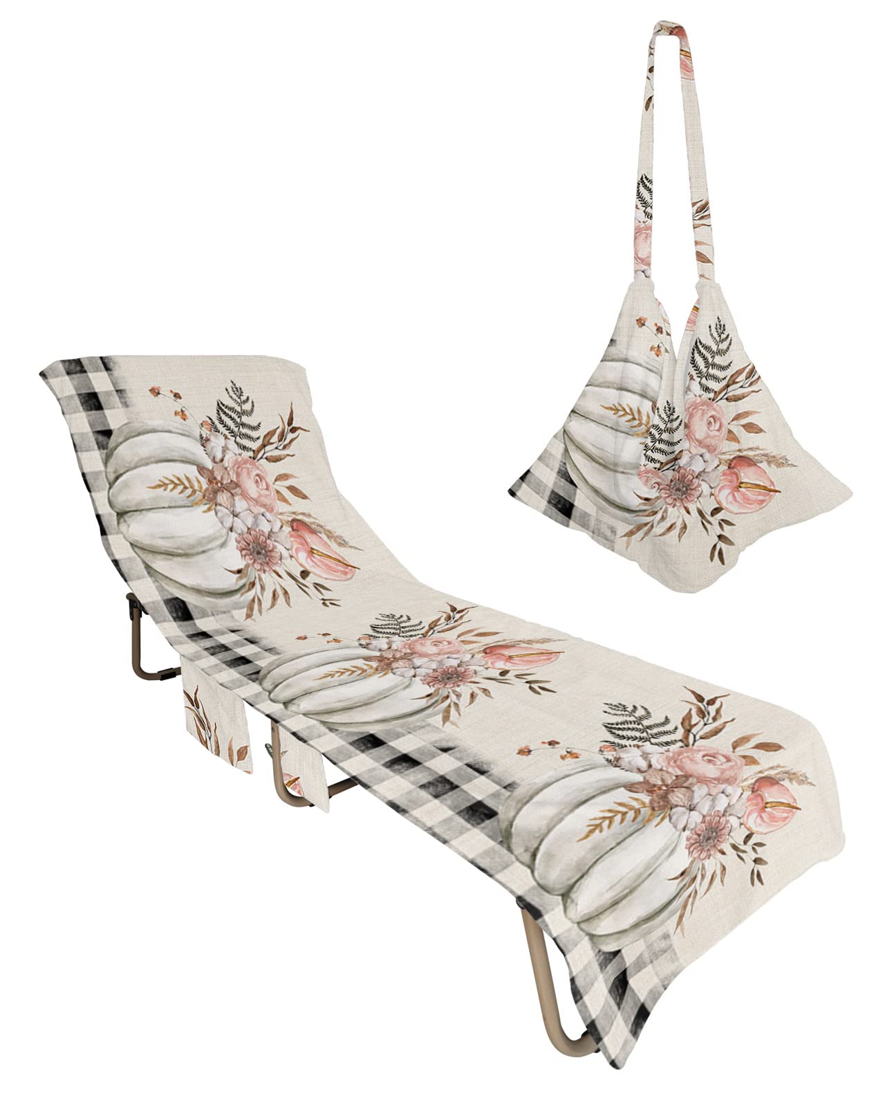 Thanksgiving Fall Beach Pool Patio Lounge Chaise Chair Cover Towel With Pockets,Absorbent&Quick Dry Microfiber Towel Cover Bag Summer Travel Accessories for Sunbathing Pumpkin Floral Leaf Rustic Plaid