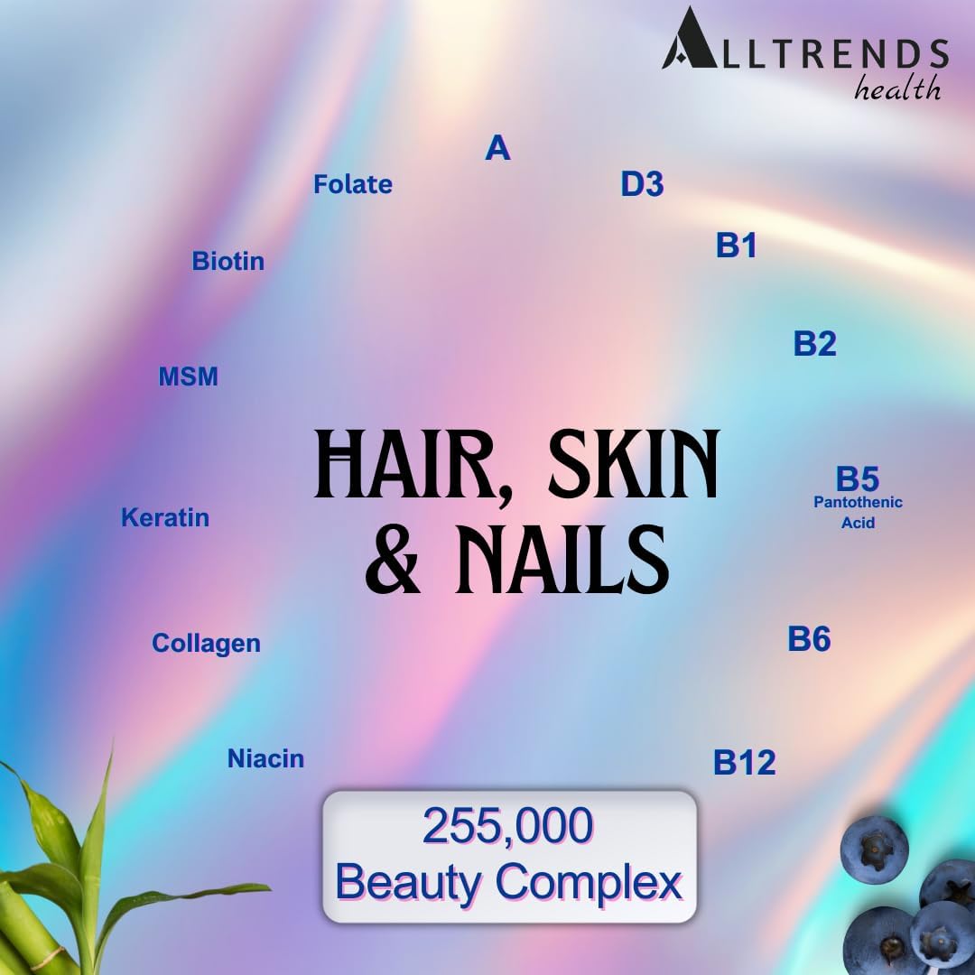 Alltrends Health Hair, Skin and Nails, Gummies Vitamins | Biotin 5000 mcg | Hydrolyzed Collagen 50 mg | Hydrolyzed Keratin 200 mg | Vitamins A,D,B Complex & Antioxidants | GMO-FREE | 60 Gummies. - Image 8