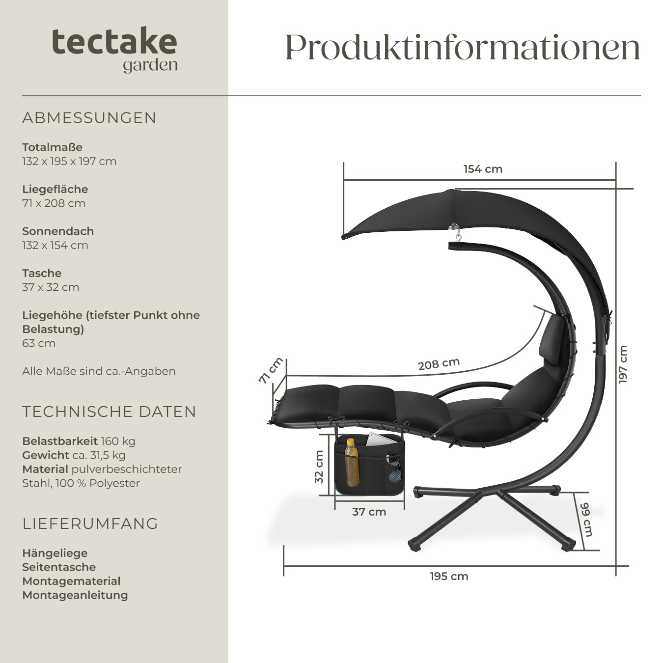 tectake® Hängeliege mit Gestell, Schwebeliege, Schwingliege mit Sonnendach, Schaukelliege, Hängesessel inkl. Tasche, Polsterauflage mit Kopfkissen, für Garten, Terrasse und Balkon - schwarz