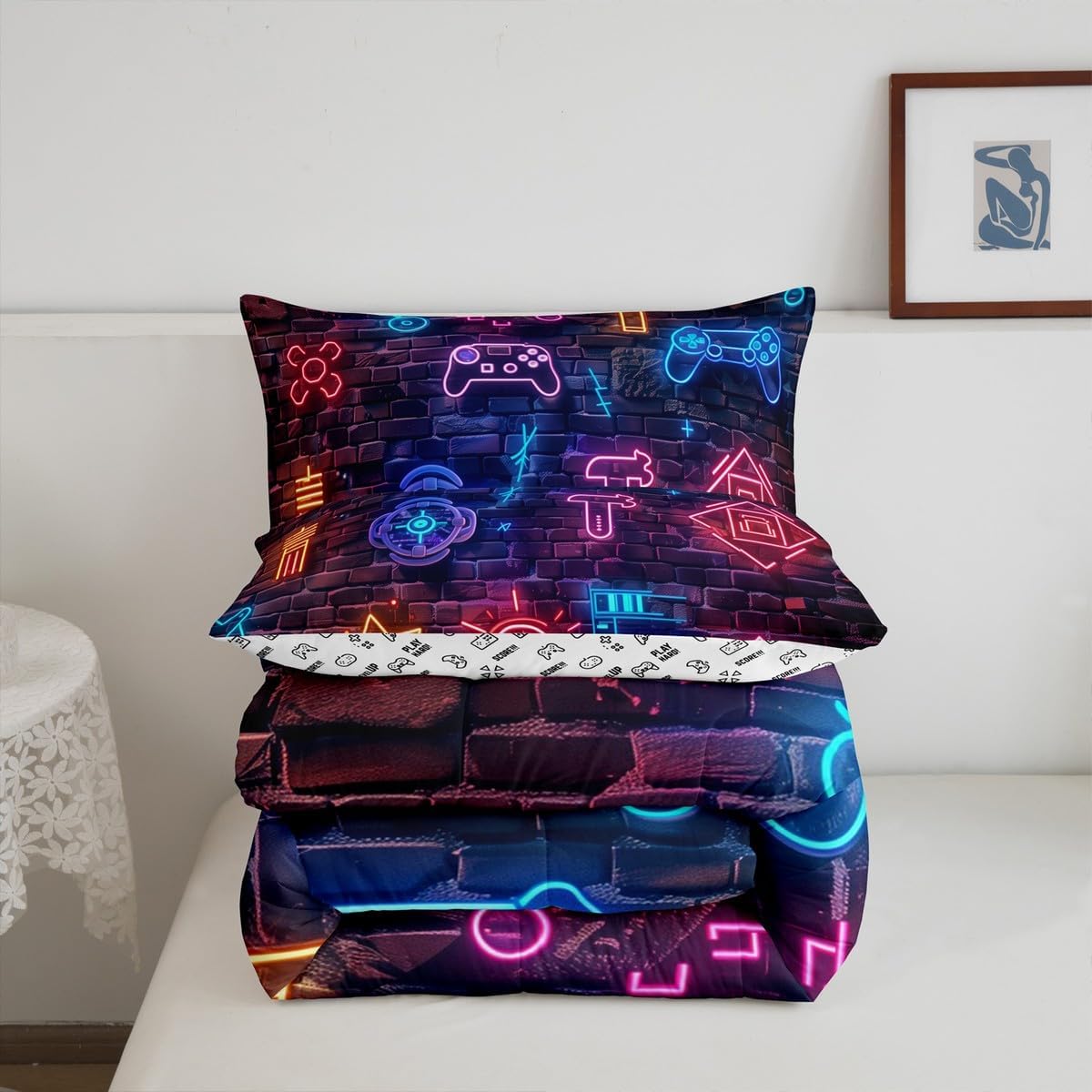 Feelyou Gamer Gaming Bedding Set Twin Size Fluorescent Gamepad Comforter Set for Kids Adult Boys Girls Entertainment Duvet Set Blue Purple Pink Quilt Set 2Pcs