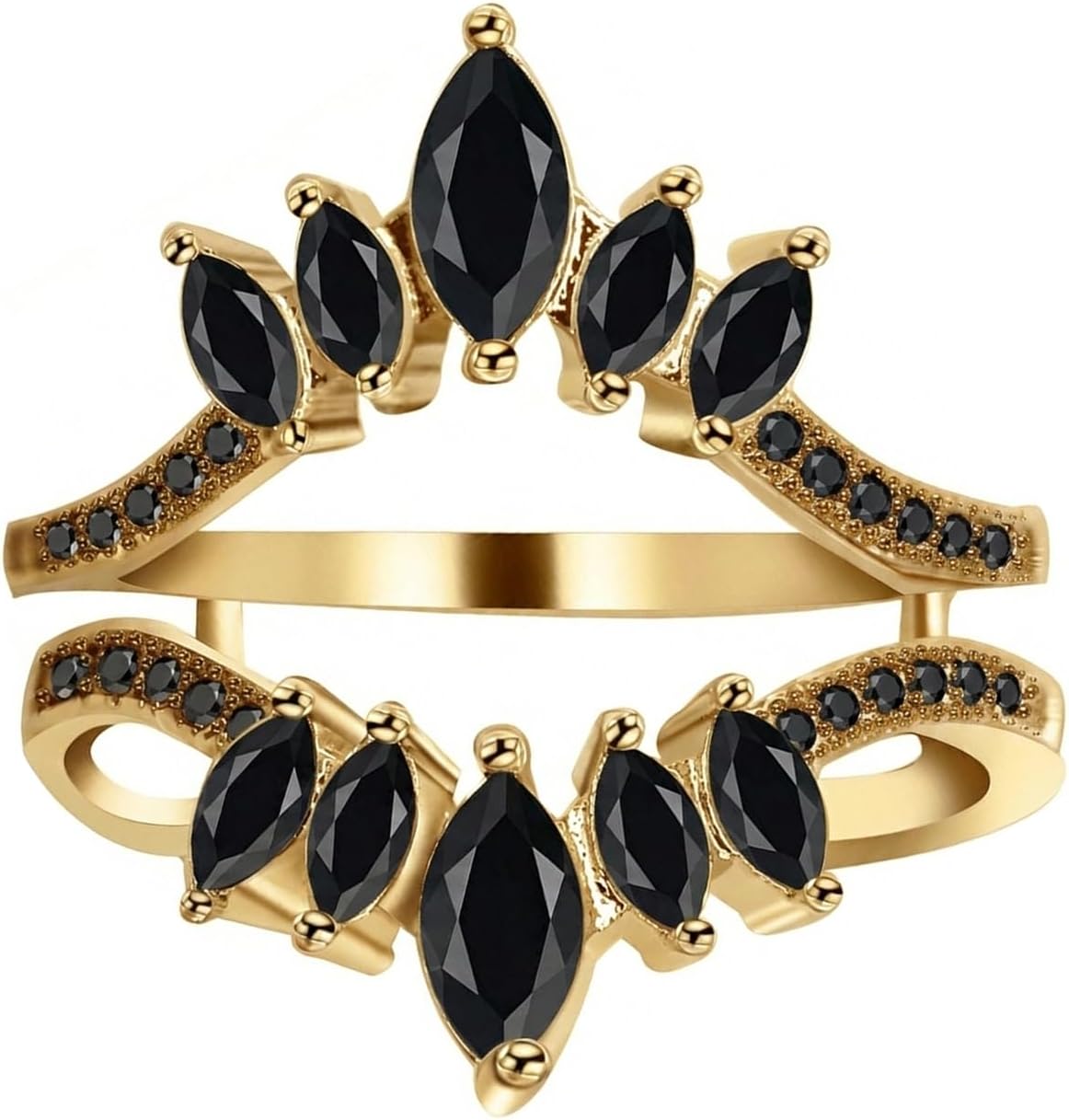 Round & Marquise Created Black Diamond Chevron Style Engagement Enhancer Ring For Women | 925 Sterling Silver Ring | Sizes 4-13 | Wedding Wrap Guard Ring