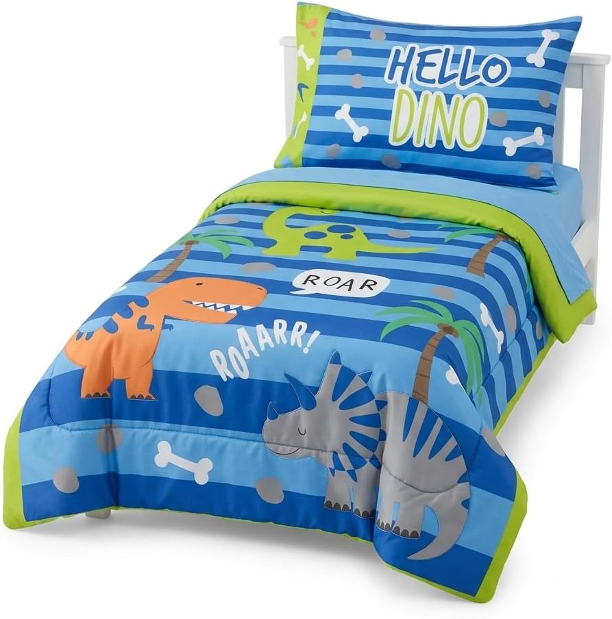 EVERYDAY KIDS 4 Piece Toddler Bedding Set – Roaring Dinosaurs - Includes Comforter, Flat Sheet, Fitted Sheet and Reversible Pillowcase – Boys Toddler Bedding