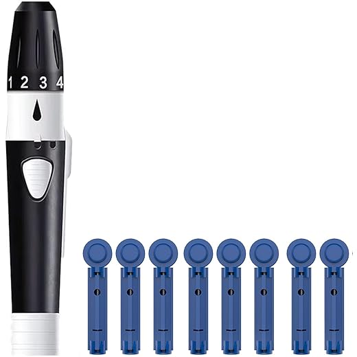 MCP Lancing Device Pen 5 Depth Settings Pain-free with 100 Round Lancets for glucometer gamma Sterilized 30G sugar test needles (Universally Compatible).