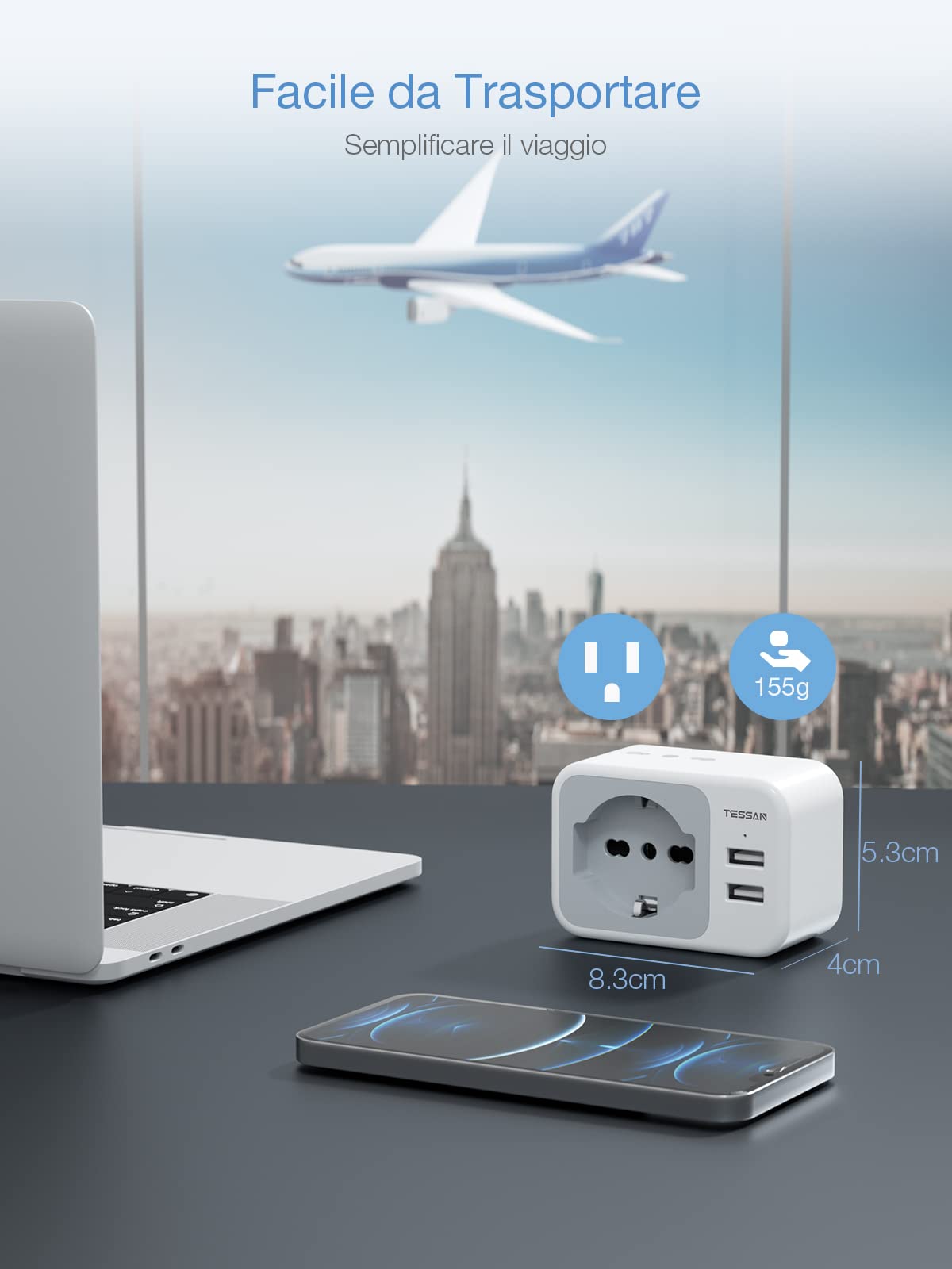 TESSAN Adattatore Presa Americana con 2 USB, Adattatore USA con 2 Prese IT e 1 Presa Schuko, Presa Americana Adattatore Italiana per America, Canada, Messico, Thailandia ecc, Spina Tipo B