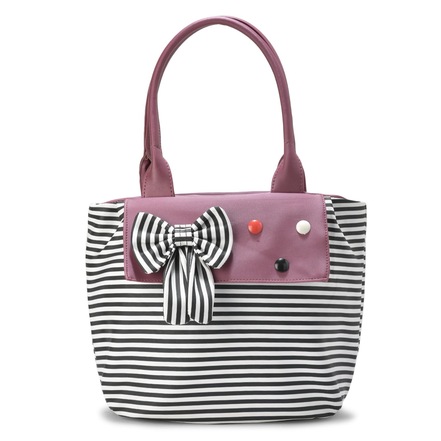 Casual Everyday Women's Handbag – Faux Leather Purse with Black & White Stripes | Bow Design Tote Bag for Women & Girls | Spacious Shoulder Bag for Office, Shopping, Travel & Daily Use-image-1