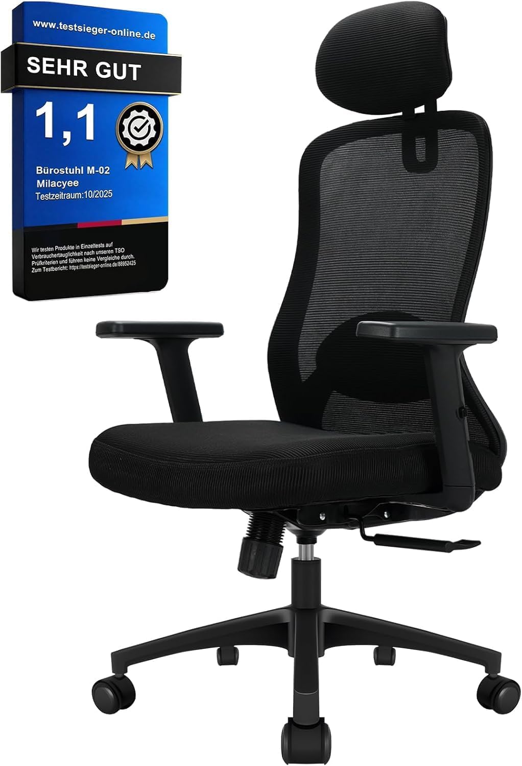 Milacyee Bürostuhl, Ergonomischer Bürostuhl mit Verstellbarer 4D Lendenwirbelstütze, Schreibtischstuhl mit Kopfstütze, Drehstuhl mit 90°-130° Liegefunktion (Abschließbar), Netzstuhl bis 150KG, Schwarz