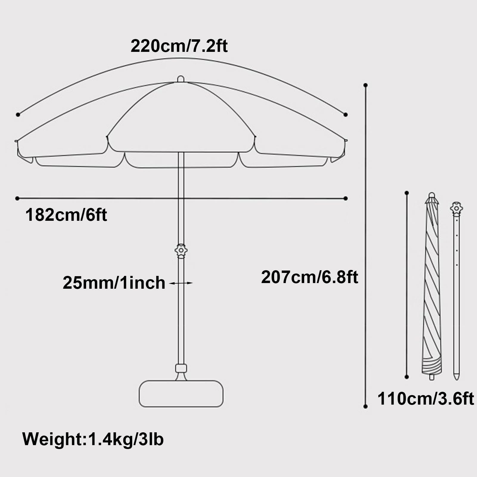 Okrągły Parasol Tarasowy Z Regulowaną Wysokością, Przenośny Parasol Plażowy Z 8 Żebrami, Upf50+, Ogrodowy Parasol Na Pikniki Kempingowe, Bez Podstawy,Green-180cm/5.9ft