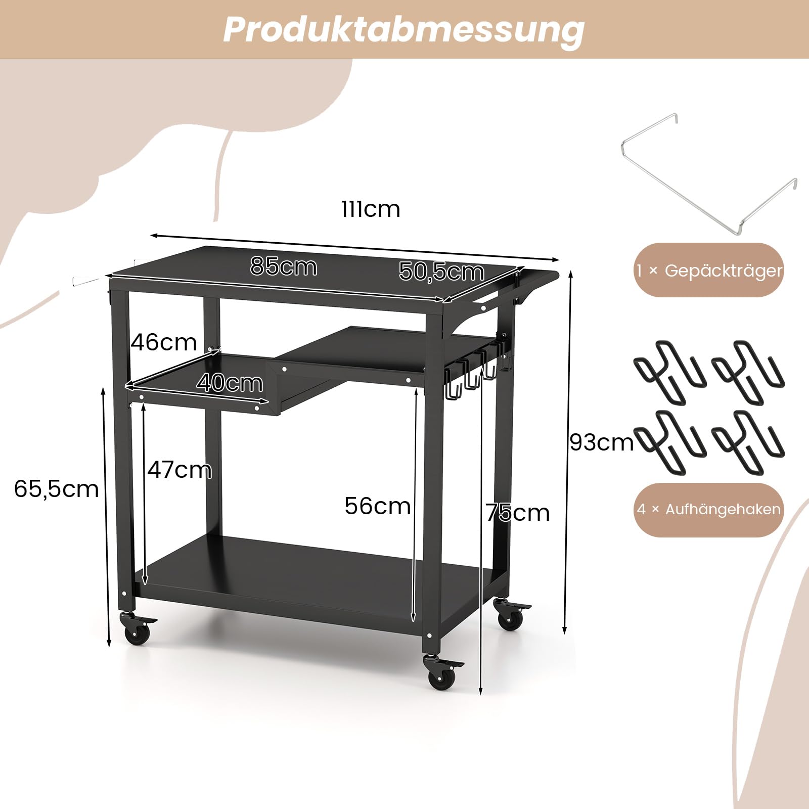 COSTWAY Grillwagen Grilltisch Outdoor, Pizzatisch mit 4 Ablagen & 4 Rollen & Haken, Grill Beistelltisch Servierwagen Garten Trolley für den Außenbereich, 85 x 50,5 x 93 cm (4 Ablagen)