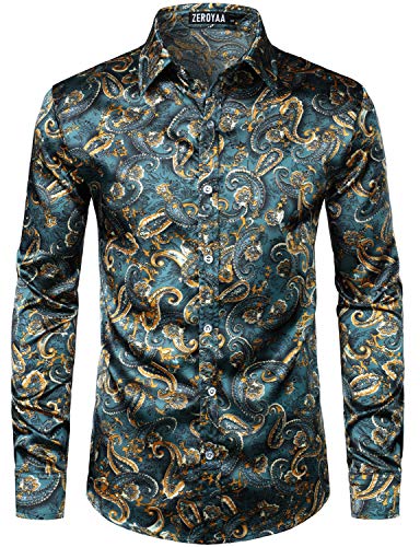 ZEROYAA Men s Hipster Design Silk Like Satin Button Up Paisley Dress Shirt for Party Prom ZLCL31-101-Teal Small