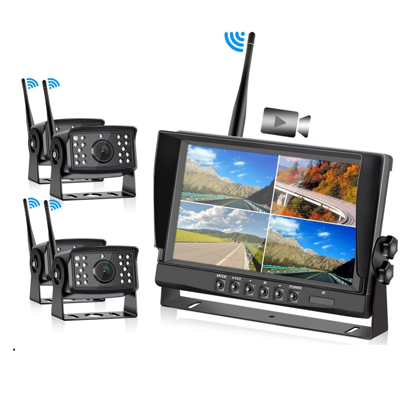 GPS pour Voiture, AHD 9 Moniteur de Voiture sans Fil Pouce 4CH Quad DVR Dash Moniteurs Affichage IPS Écran Video Recorder Camion WiFi Caméra véhicule Backup(Only Camera)