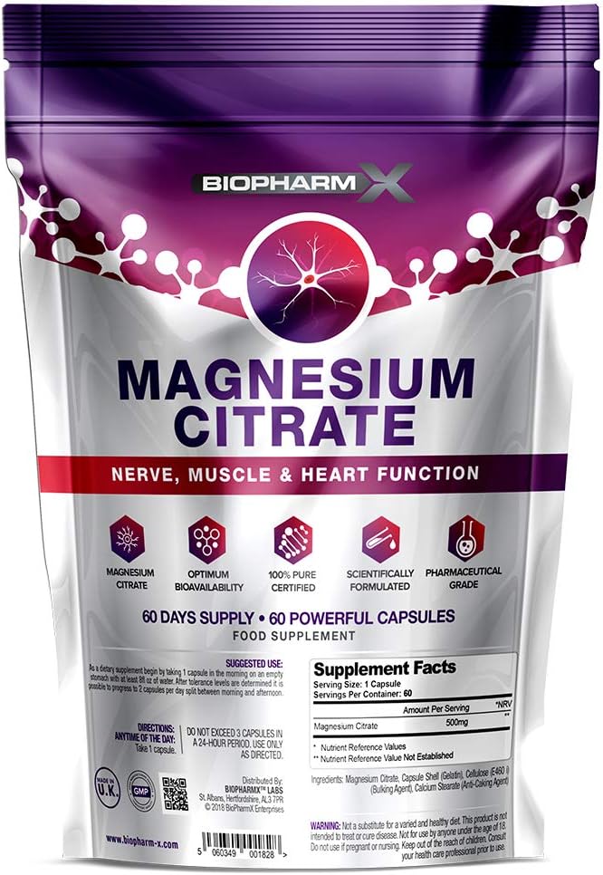 Magnesium Citrate 500mg 60 Capsules 1 Per Day 100 Pure Certified