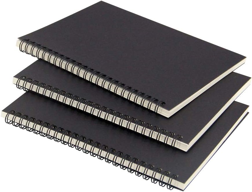 (3 Pack)Black cover Spiral Notebook/students and office,Writing diary Subject Notebooks,50 Sheets (100 Pages)-8.35x 5.75inch,A5 size.Kraft Paper Hardcover (Blank)