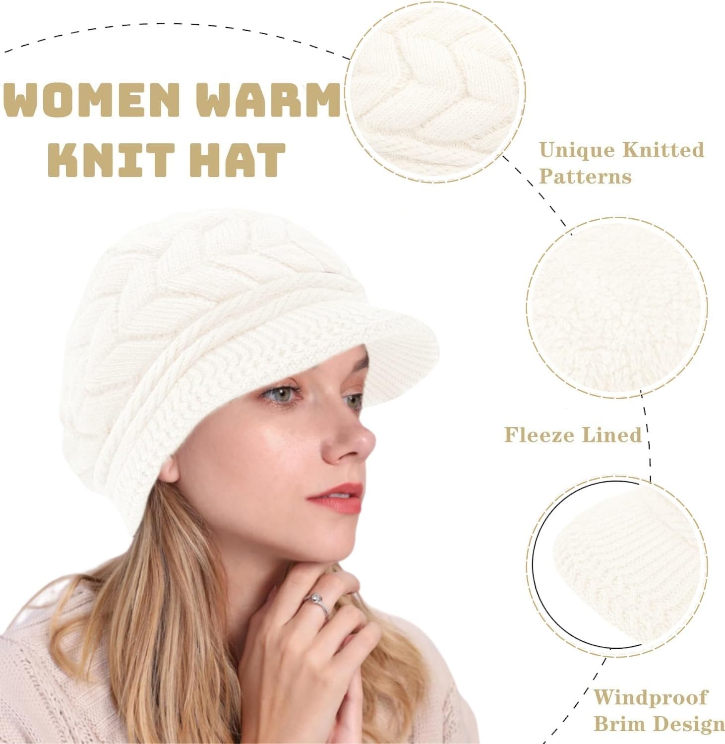 stablerice 4 Pack Womens Winter Beanie Hats Thick Warm Knit Hat with Visor Brim Wool Snow Ski Caps Chunky Soft Slouchy Cap - Image 3