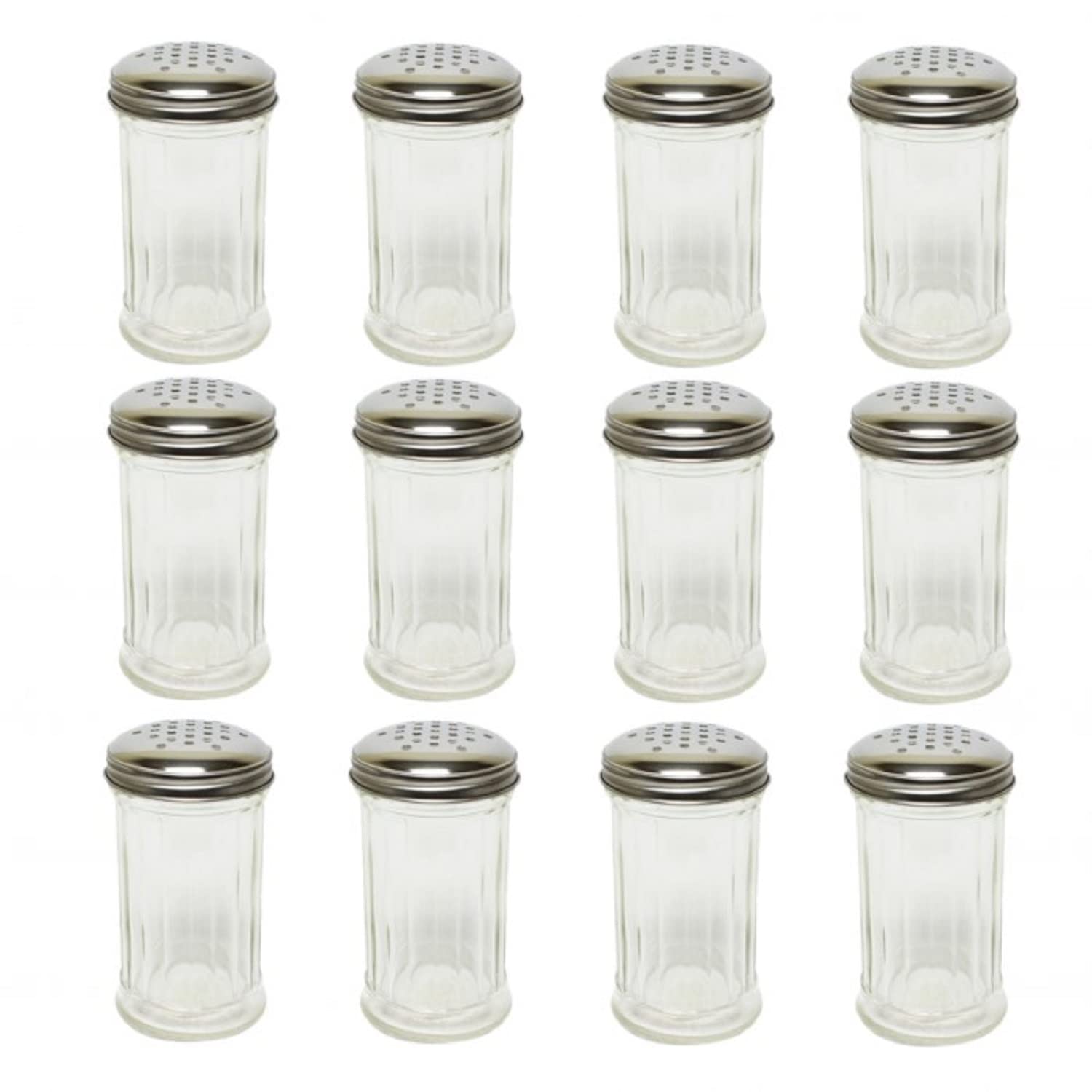 TrueCraftware- 12 oz. Sugar/Cheese Shaker Pourer with Stainless Steel Perforated Cap Set of 12- Paneled design Sugar Cinnamon Sugar Pepper Parmesan Cheese Shaker for Kitchen and Restaurants